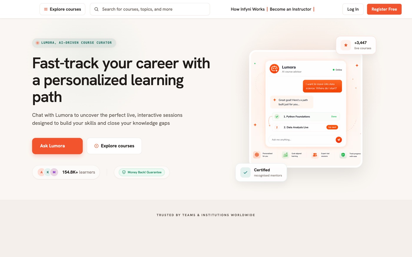 Infyni live-learning platform homepage