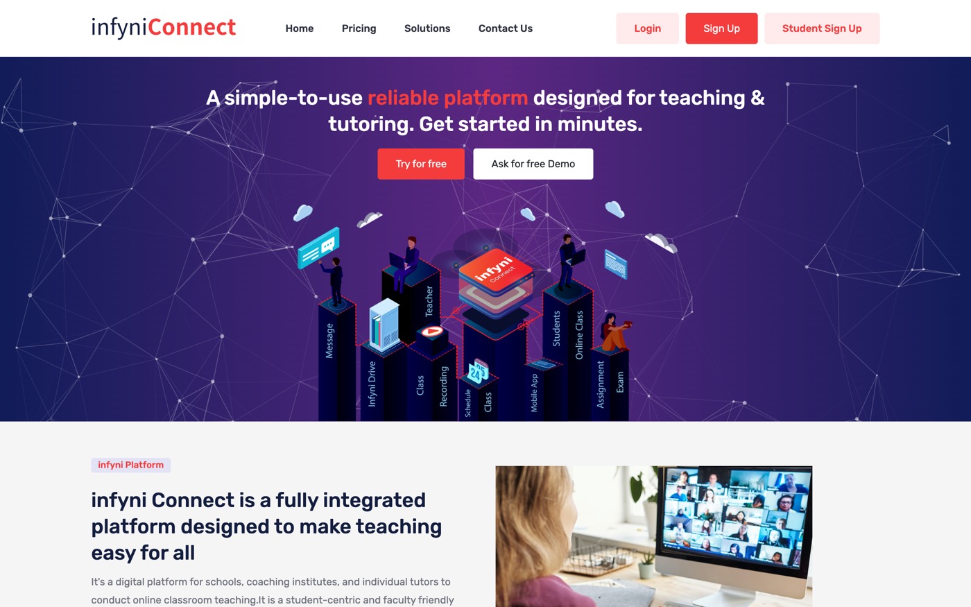 infyni Connect virtual-classroom platform homepage